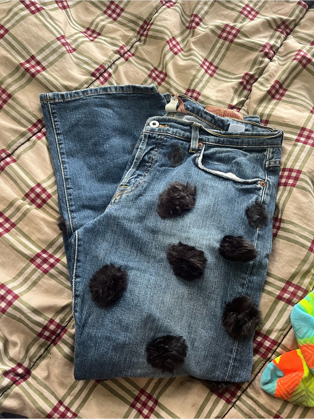 Lucky Brand Blue Denim Wide-Leg Jeans with Black Pom-Pom Accents